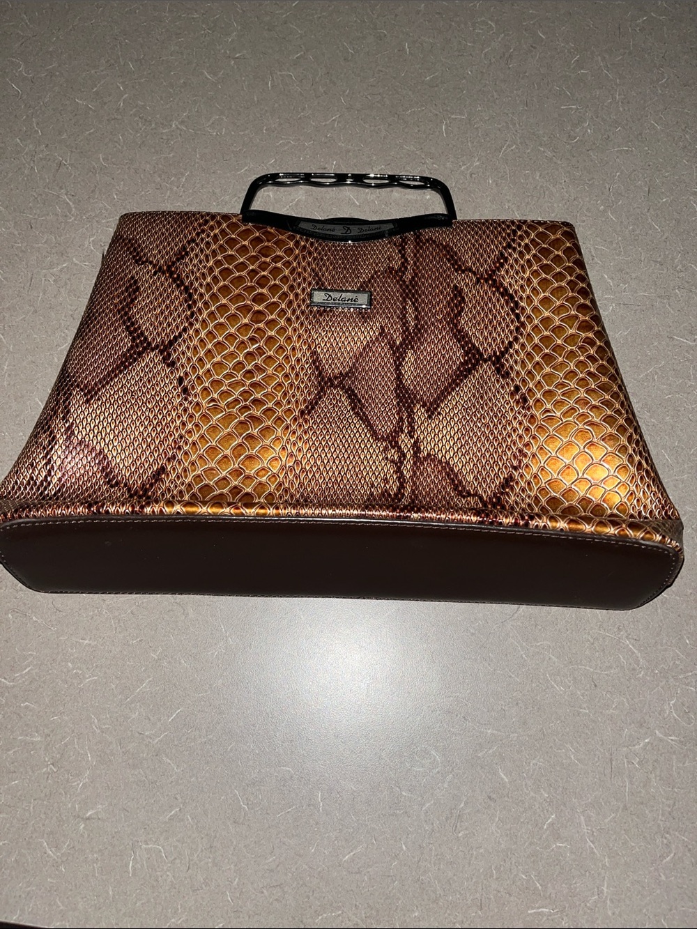 Delane’ faux Brown & Tan Snake-Print Top-Handle Clutch